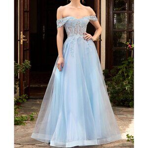 Light Blue Sweetheart Neck Sequin Floral Corset Formal Prom Evening Dress 8